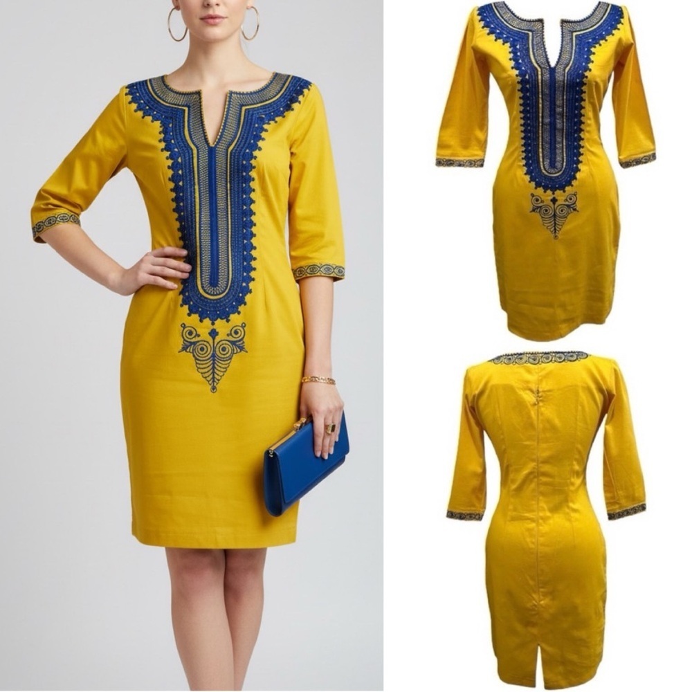 126 Like New | Handmade Women’s Yellow and Blue Embroidered Dress (size S)